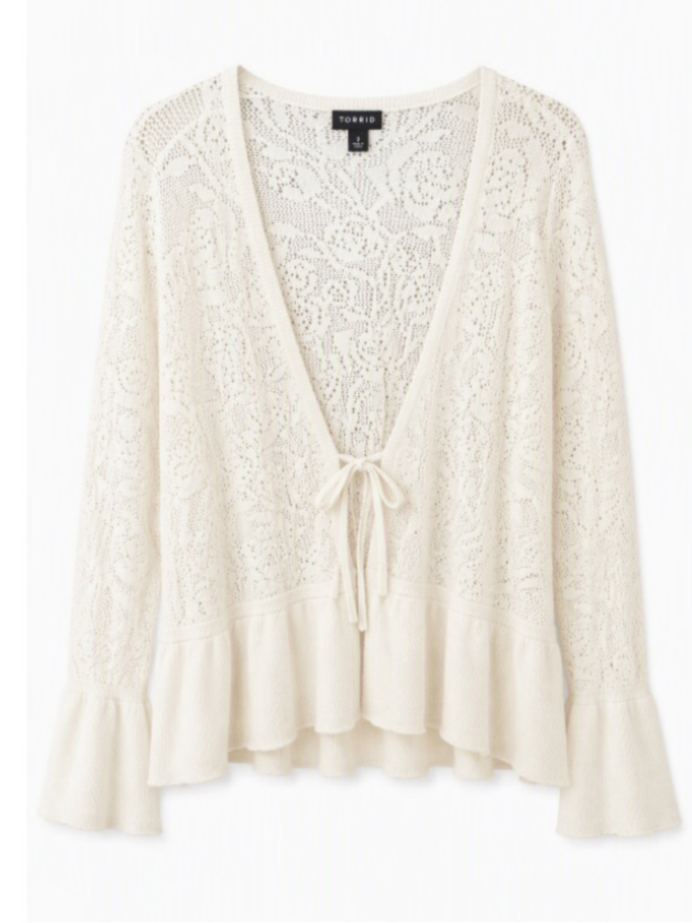 Torrid Ivory Open Knit Lace Cardigan Tie Front Ruffle Hem